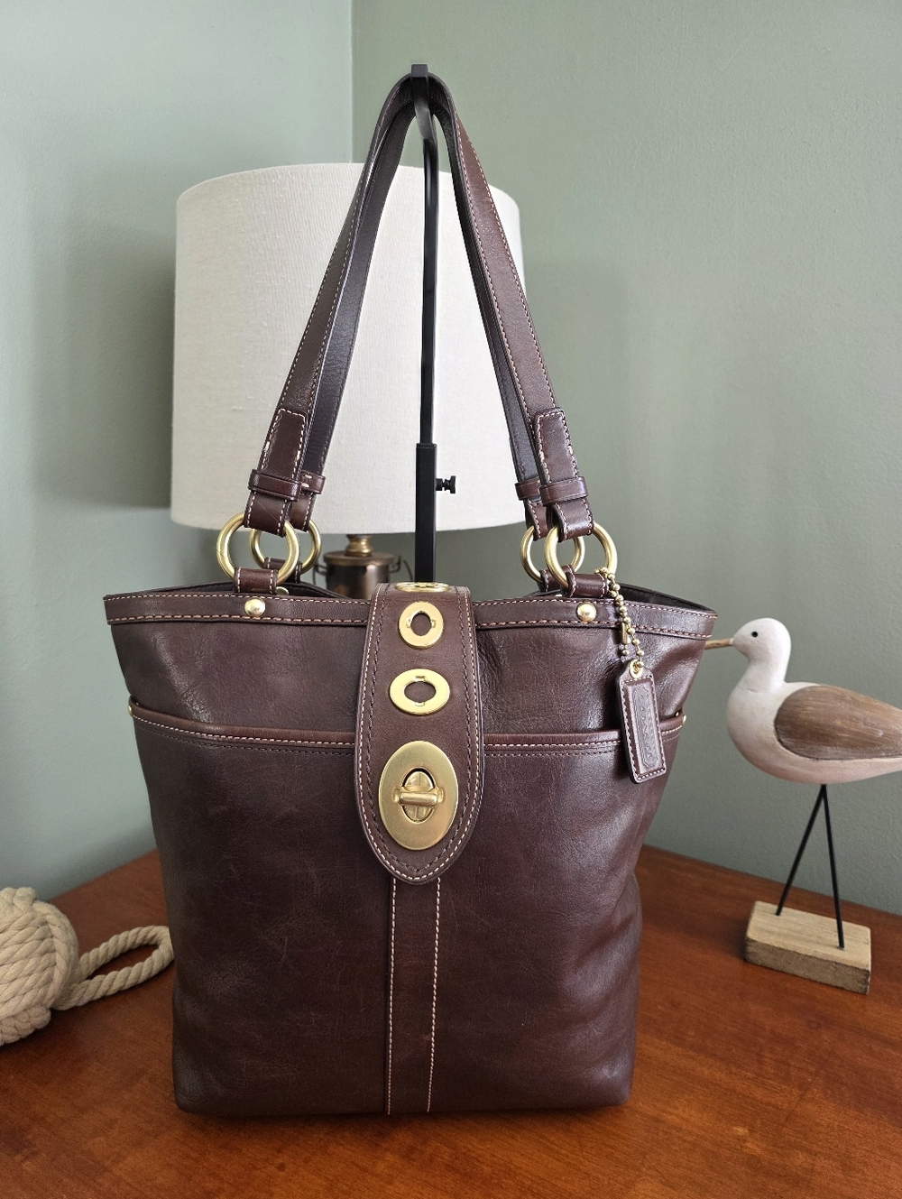 Coach F13757 Legacy Lily Turnlock Brown Leather Tote Shoulder Bag